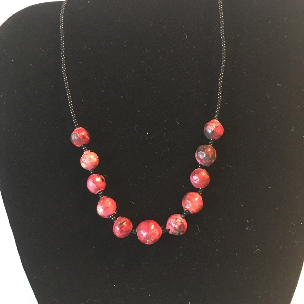 Red hand painted beaded necklace with black beads